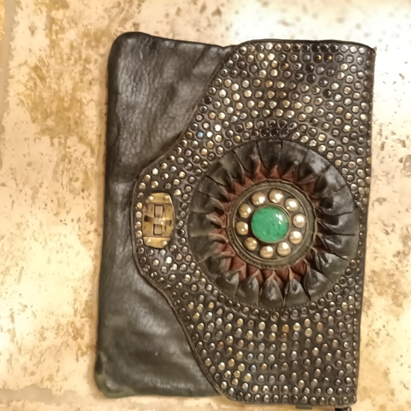 Handbags - Studded Black Leather Clutch with Green Accent